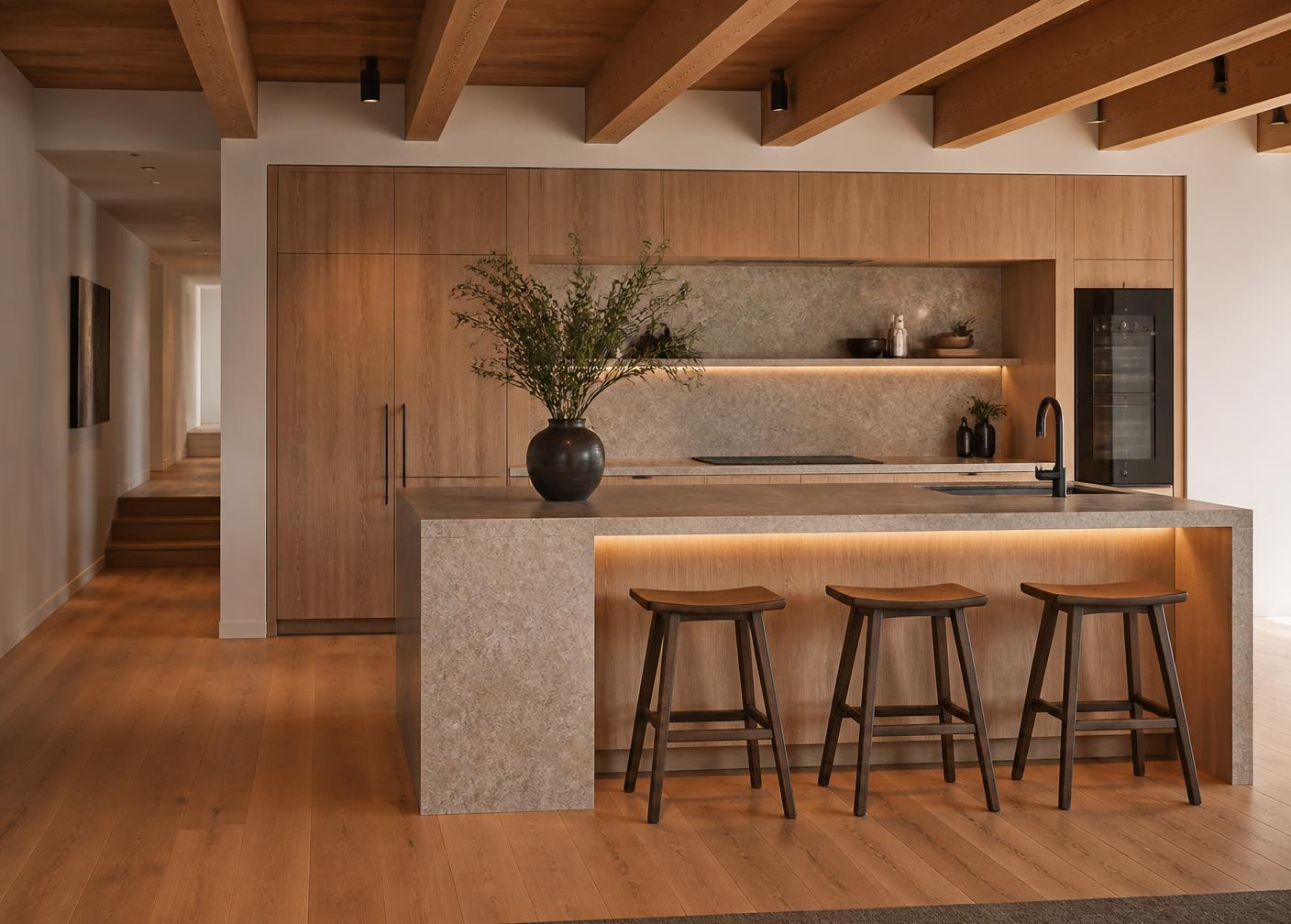 Cocina con isla de piedra y carpintería de roble a medida