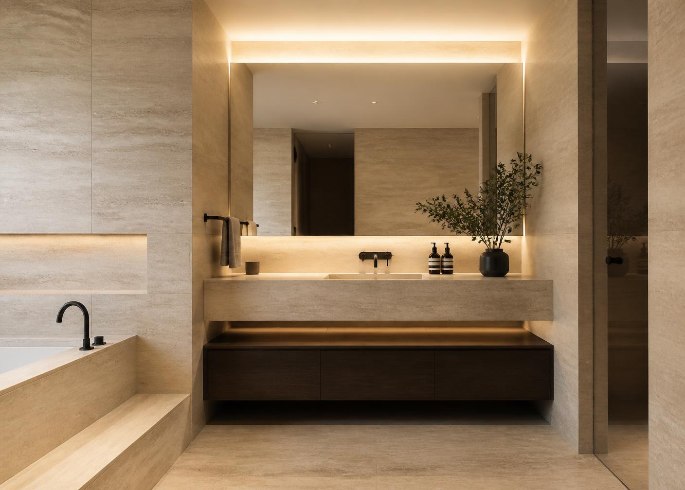 Baño revestido en travertino con cubierta de piedra