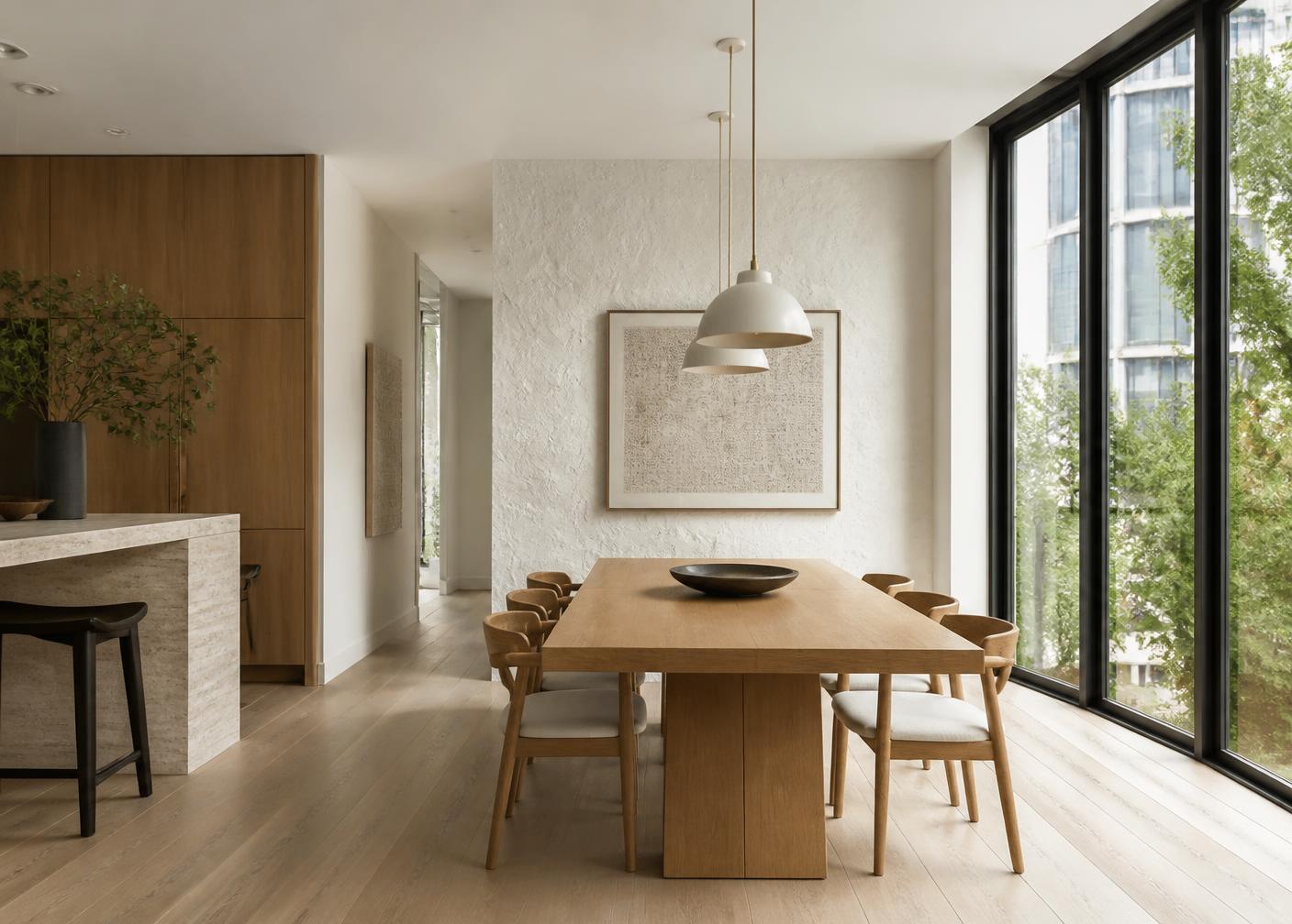 Comedor con mesa de roble a medida junto a ventanales