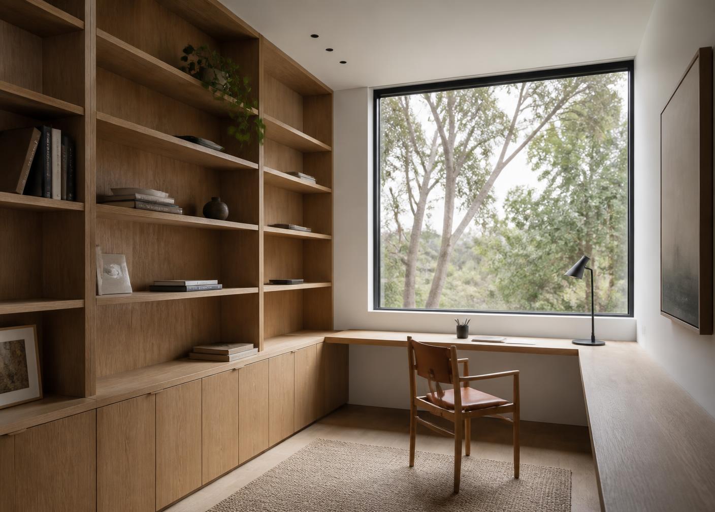 Estudio con librero y escritorio integrados en roble
